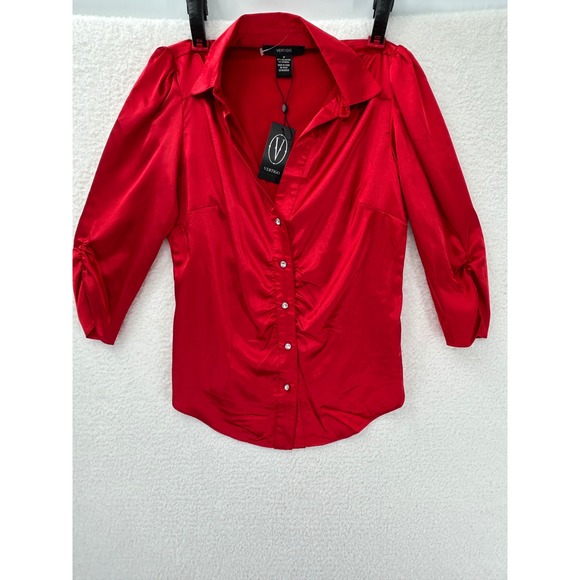 Vertigo Paris Tops - NEW Vertigo Paris Garnet Red Satin Ruched Button Up Blouse VT30285 Womens Medium